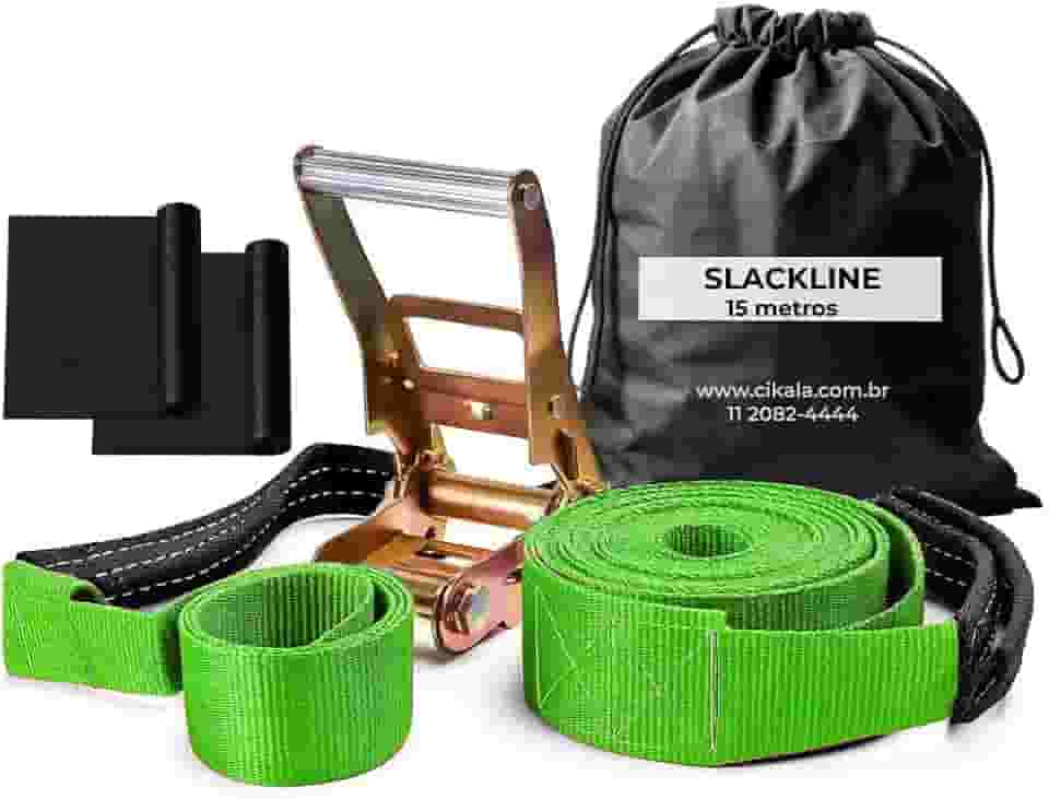 Slackline Verde 15 M Catraca + Alças + Protetores + Bolsa
