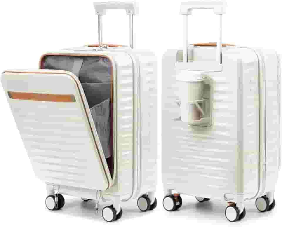 Mala de mão aprovada por companhias aéreas com compartimento para laptop e suporte de copo, mala de mão rígida de 50 cm com rodas giratórias e trava TSA para mulheres e homens, Bege, 20 Inch