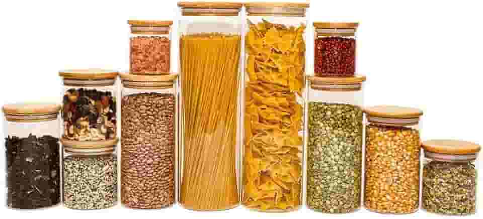 Oikos - Kit 11 Potes de Vidro com Tampa de Bambu Herméticos Redondos