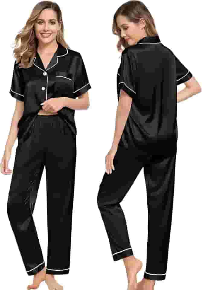 Pijama Feminino Americano Adulto Cetim Toque de Seda Bolso e Botão Manga Curta e Calça