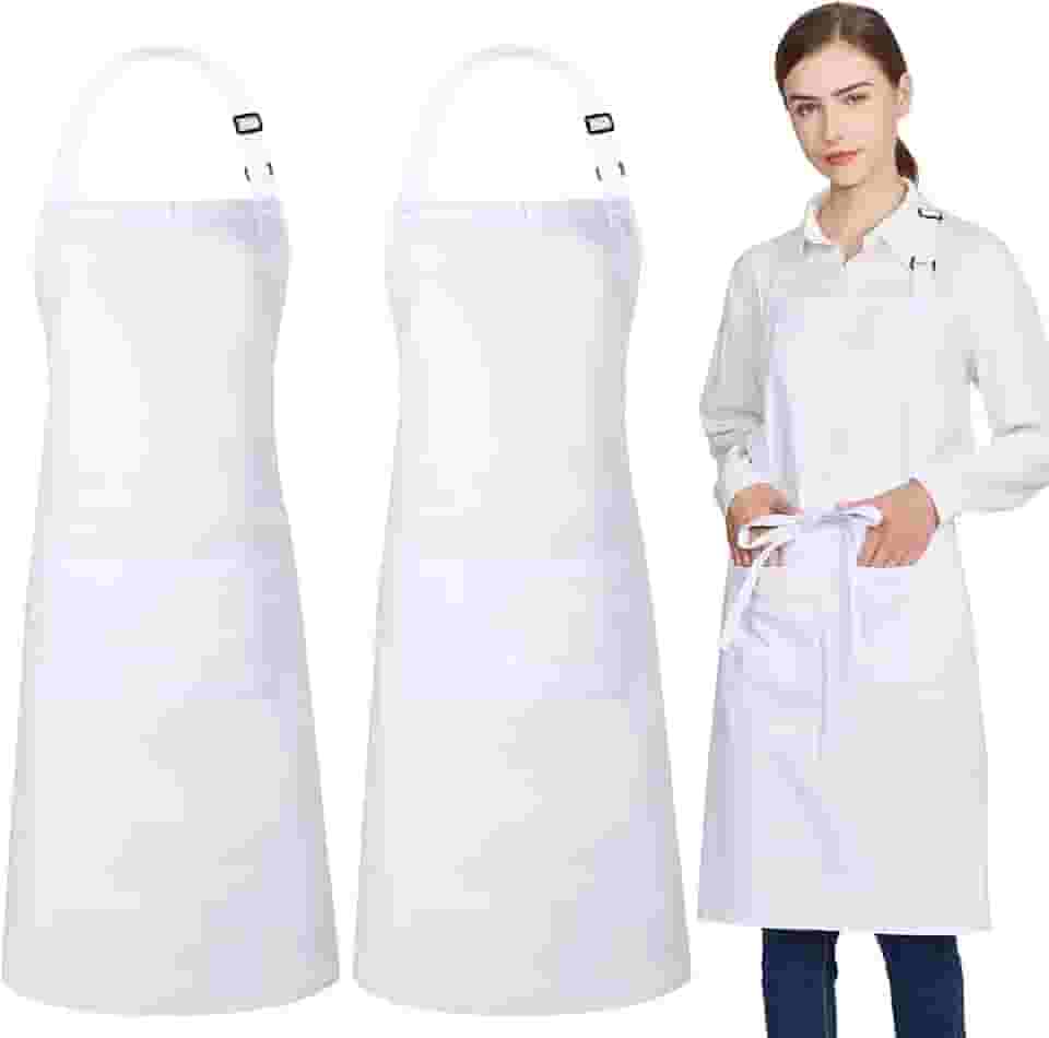 Aventais Jubatus, 2 unidades, com 2 bolsos, avental de cozinha para mulheres, chef masculino, com alça ajustável no pescoço e gravatas extralongas tamanho único, Branco, 2