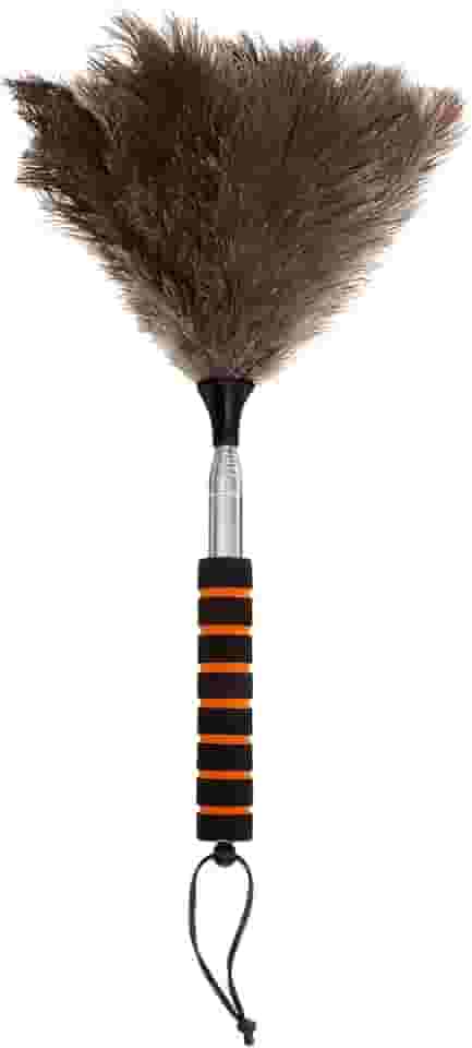 Espanador de penas de avestruz com cabo ergonômico, espanador de penas de avestruz natural fofo, haste de extensão de até 114 cm, suprimentos de limpeza de penas de avestruz para luminária