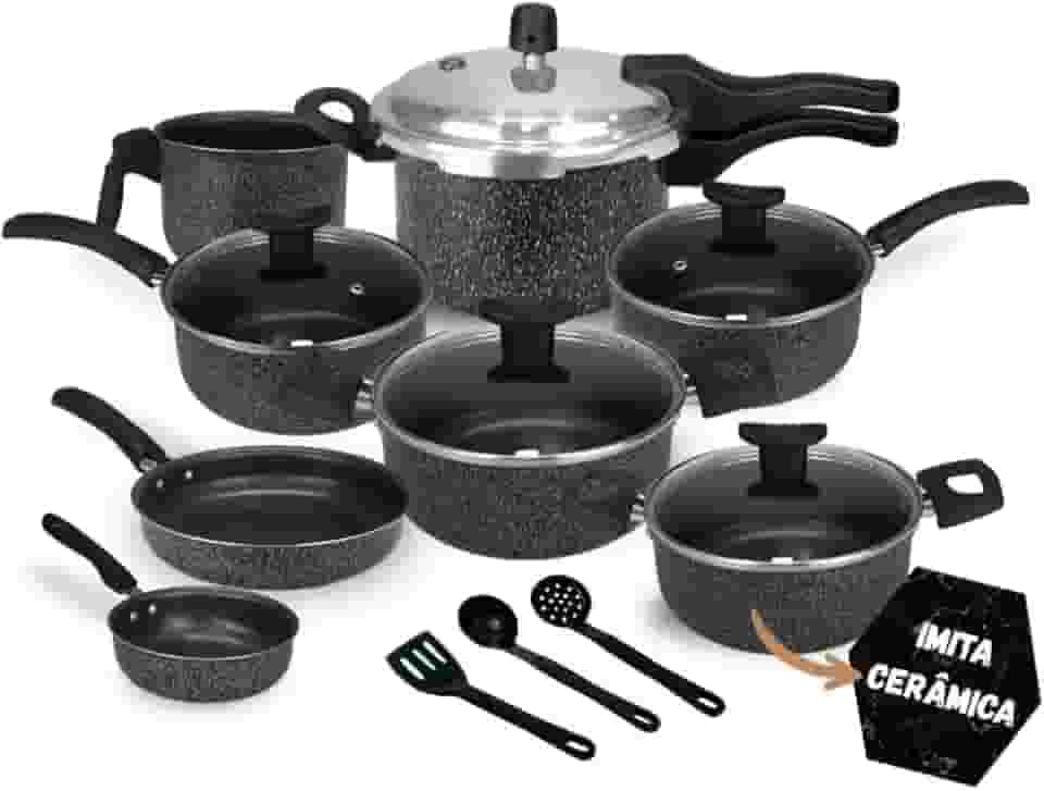 Jogo de Panelas Antiaderente, 11 Peças com Panela de Pressão 2.5L (Cerâmica Black)