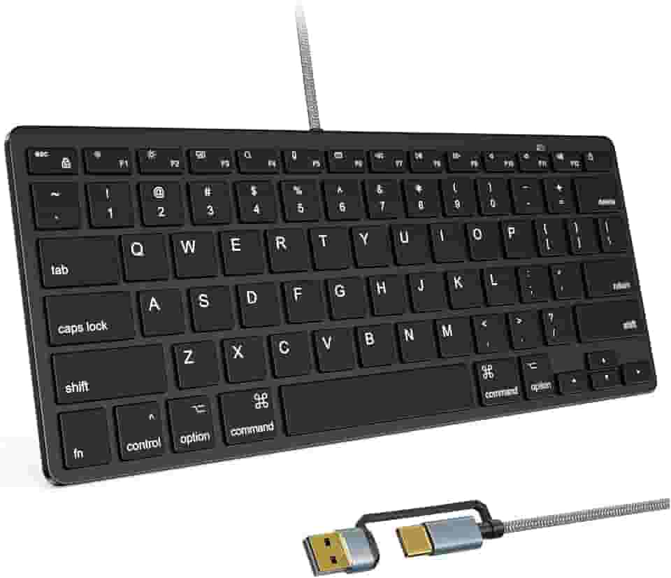 Teclado ultrafino com fio para Apple Mac, cabo de conversão USB e tipo C, 78 teclas de tesoura, teclas de atalho de mídia, compatível com MacBook, iMac Mini e Pro, laptops, computadores desktop