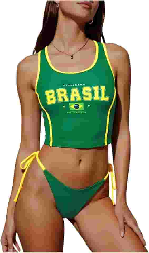 Tanquíni feminino com bandeira do Brasil, conjunto de 2 peças, top curto com laço lateral, tanga, roupa de banho