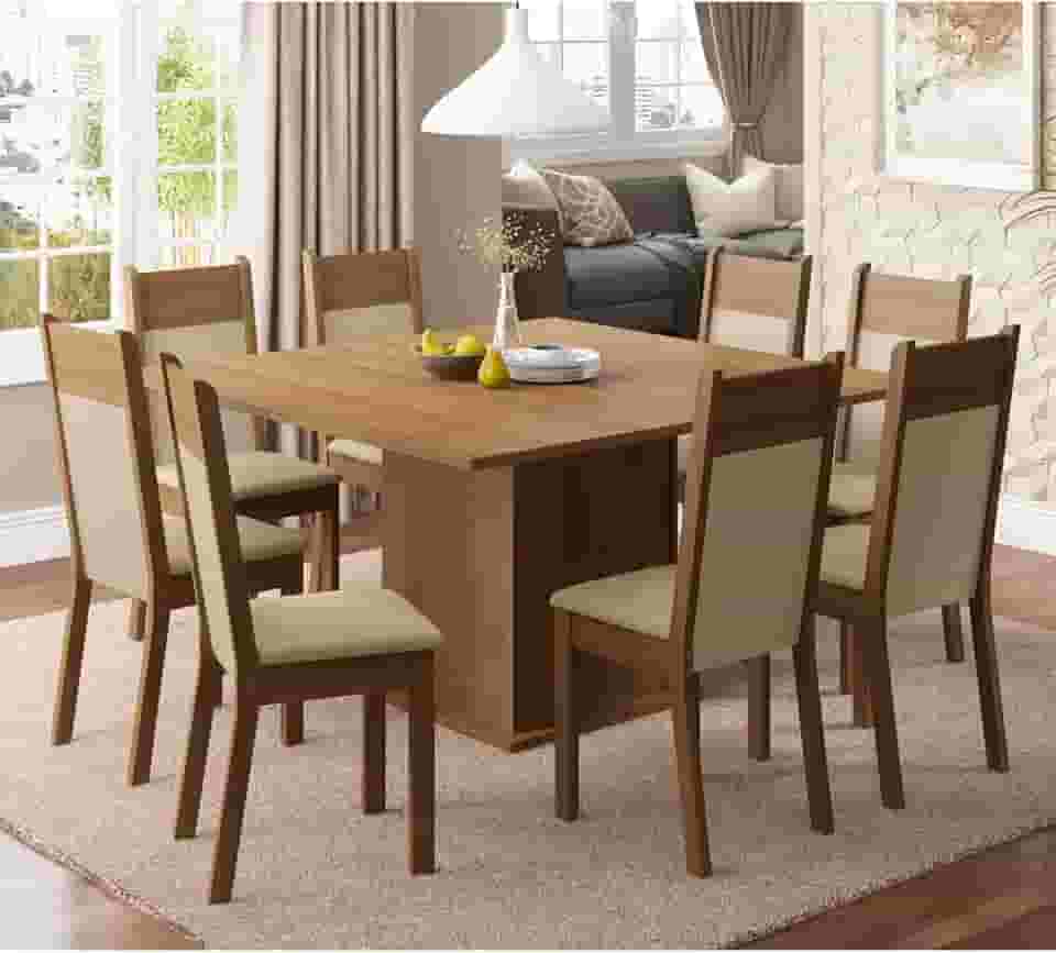 Conjunto Sala de Jantar Madesa Panamá Mesa Tampo de Madeira com 8 Cadeiras - Rustic/Crema/Pérola