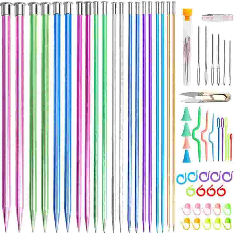 tchrules Conjunto de 64 agulhas de tricô, 20 peças, conjunto de agulhas de tricô de alumínio, coloridas, retas e pontiagudas, tamanho 3-10 mm, 34,8 cm, para tricô feito à mão com acessórios de tricô