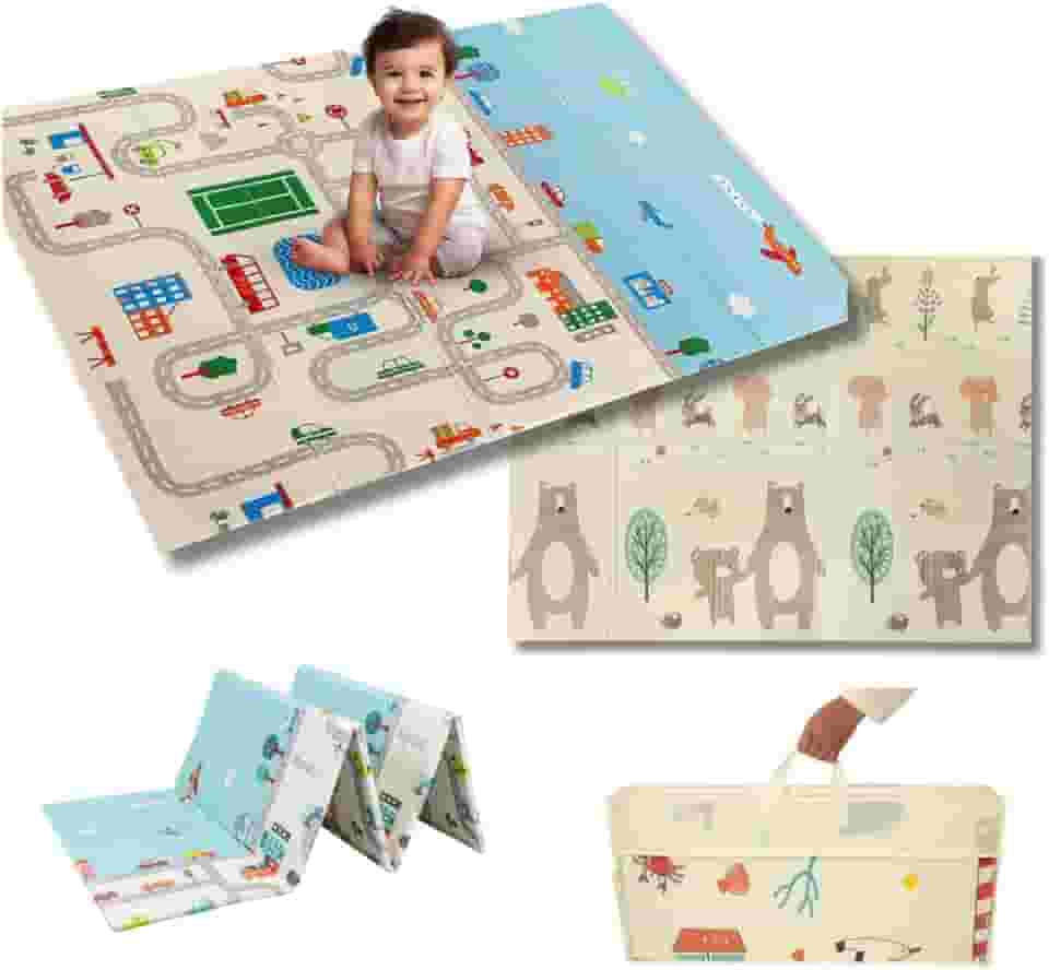 Tapete Térmico Infantil Emborrachado Dupla Estampa Tatame Infantil 200x150cm Ursinho e Pista de Carros Cidade Dupla Face Dobrável Atividades Impermeável