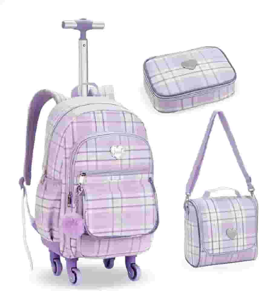 Kit Escolar Juvenil com Mochila de Rodinhas 360°, Bolsa Lancheira e Estojo, Padrão Xadrez, 3 Peças