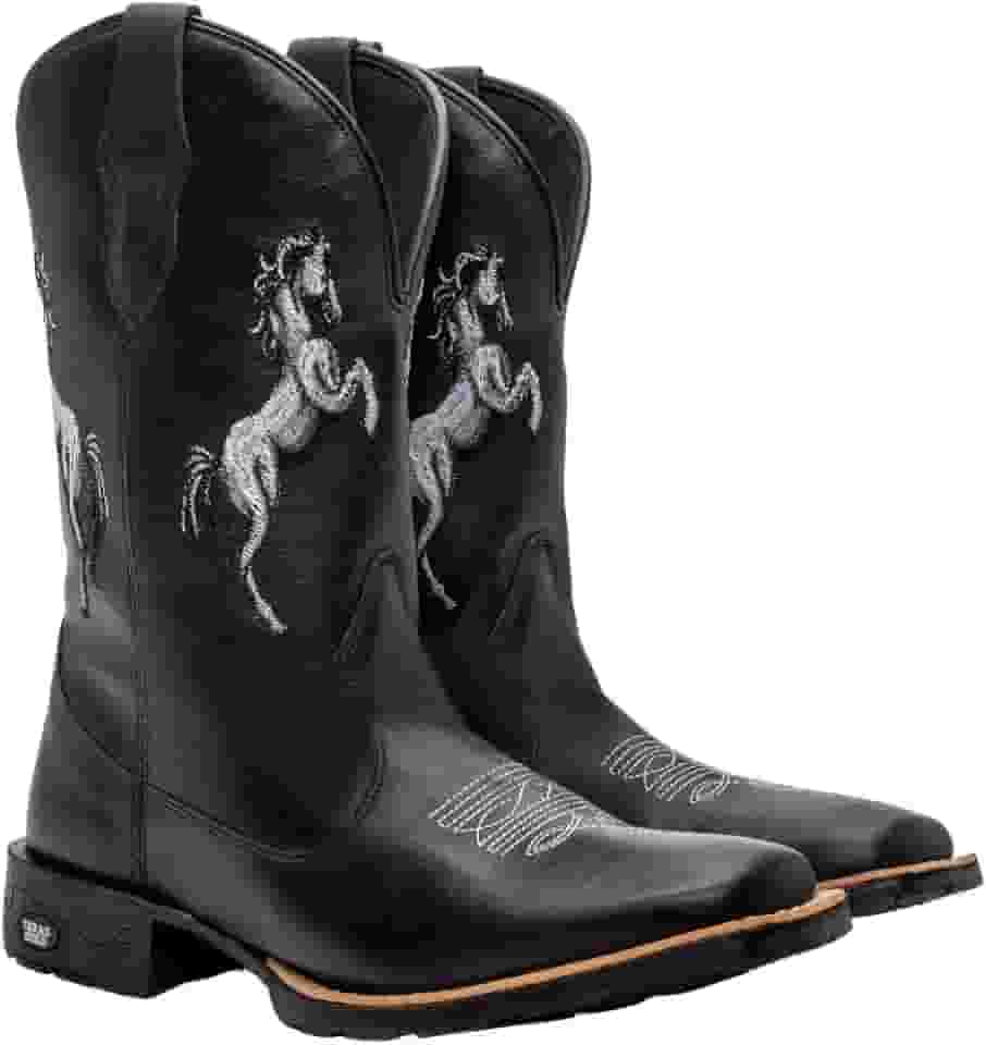 Bota Texana Masculina Couro Country Bico Quadrado Preta Horse