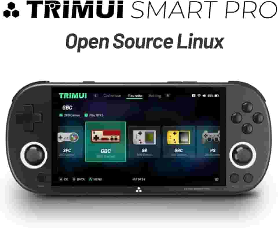 Mini Game Console Emulador Retrô Trimui Smart Pro, SD 64 GB, Tela HD IPS de 4,9 Pol, Sistema Linux, Gamepad sem Fio 2.4G/5G, Suporte a Mais de 5500 Jogos Clássicos, WiFi Bluetooth - Preto.