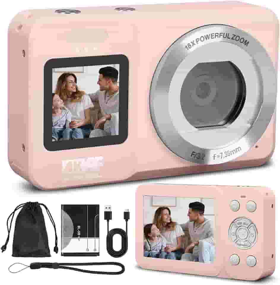 Câmera Digital, Câmera de Tela Dupla 4K 64MP, Zoom 18x, Aponte E Dispare 1 Baterias, Rosa, Camera Compacta, Time-Lapse, Temporizador, Vídeo HD（Cartão de Memória Não Incluído）