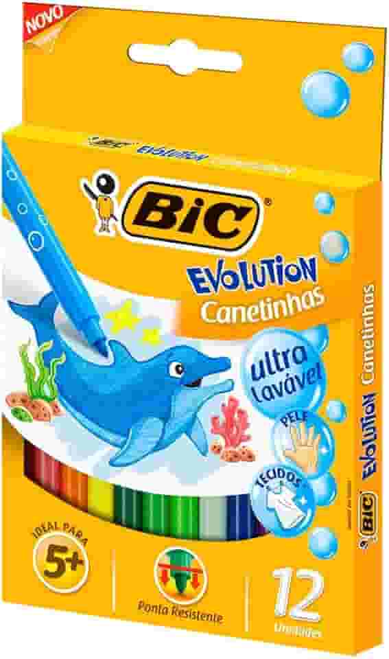 Canetinha Hidrográfica BIC Evolution, c/ 12 Cores, Ultra Lavável, Ponta Resistente, 940599, 1 Unidade