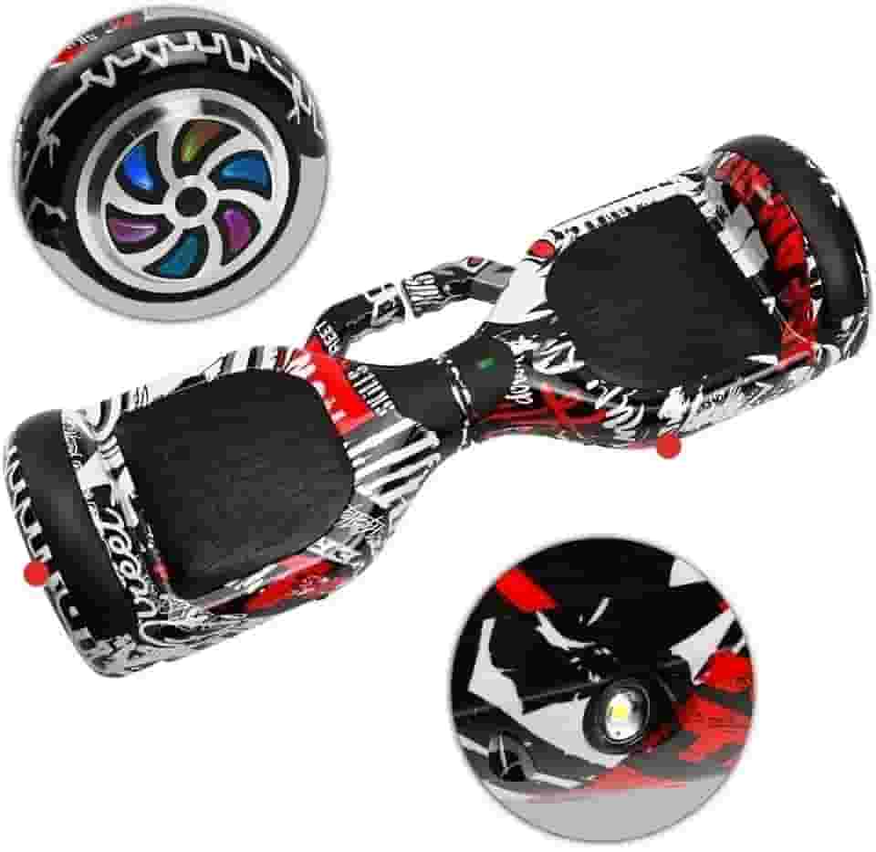 Hoverboard Infantil Skate Elétrico 6.5", LED Bluetooth, Bateria de Grande Capacidade, 15 km/h, Uso Interior/Exterior, 40 kg, com Adaptador e Manual, 65x25x29 cm