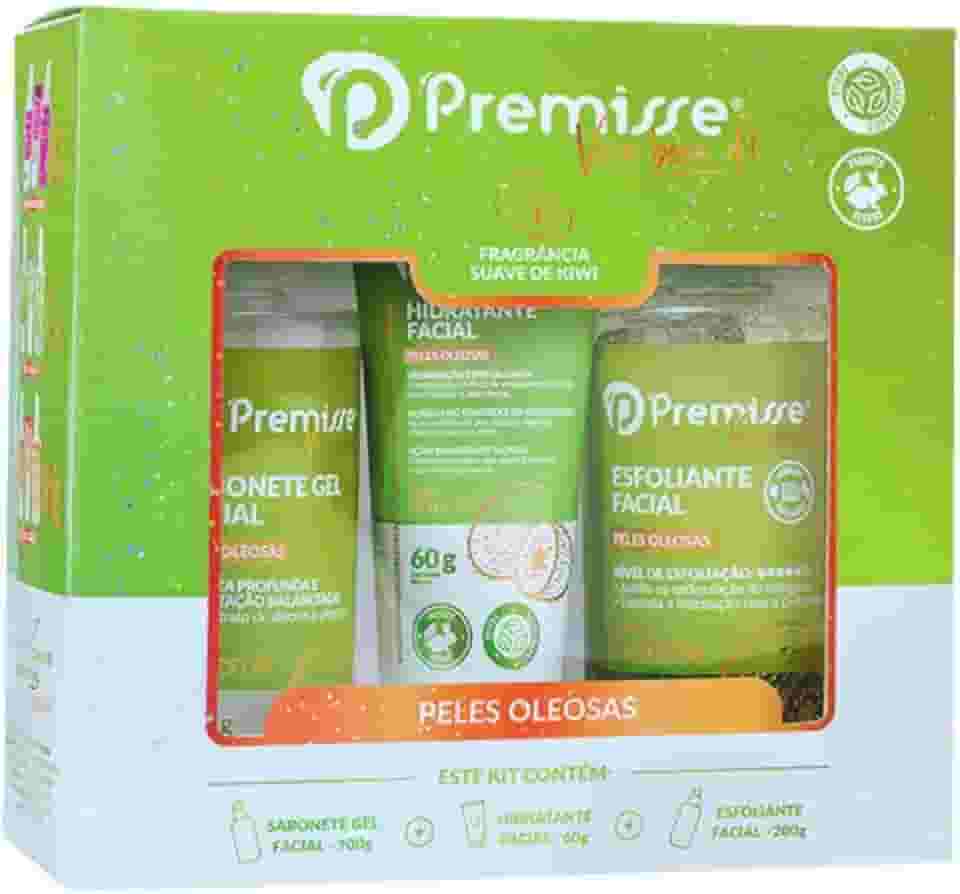 Kit Skincare Kiwi Premisse – Controle da Oleosidade para Pele Oleosa com Sabonete Gel, Esfoliante e Hidratante Facial