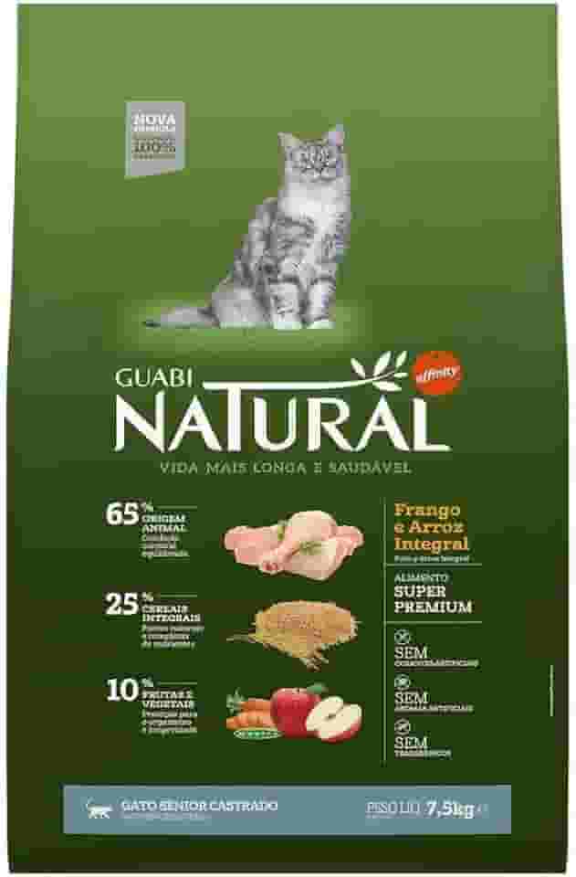 Ração Guabi Natural Gatos Sênior Castrados Frango e Arroz Integral 7,5 kg, Verde
