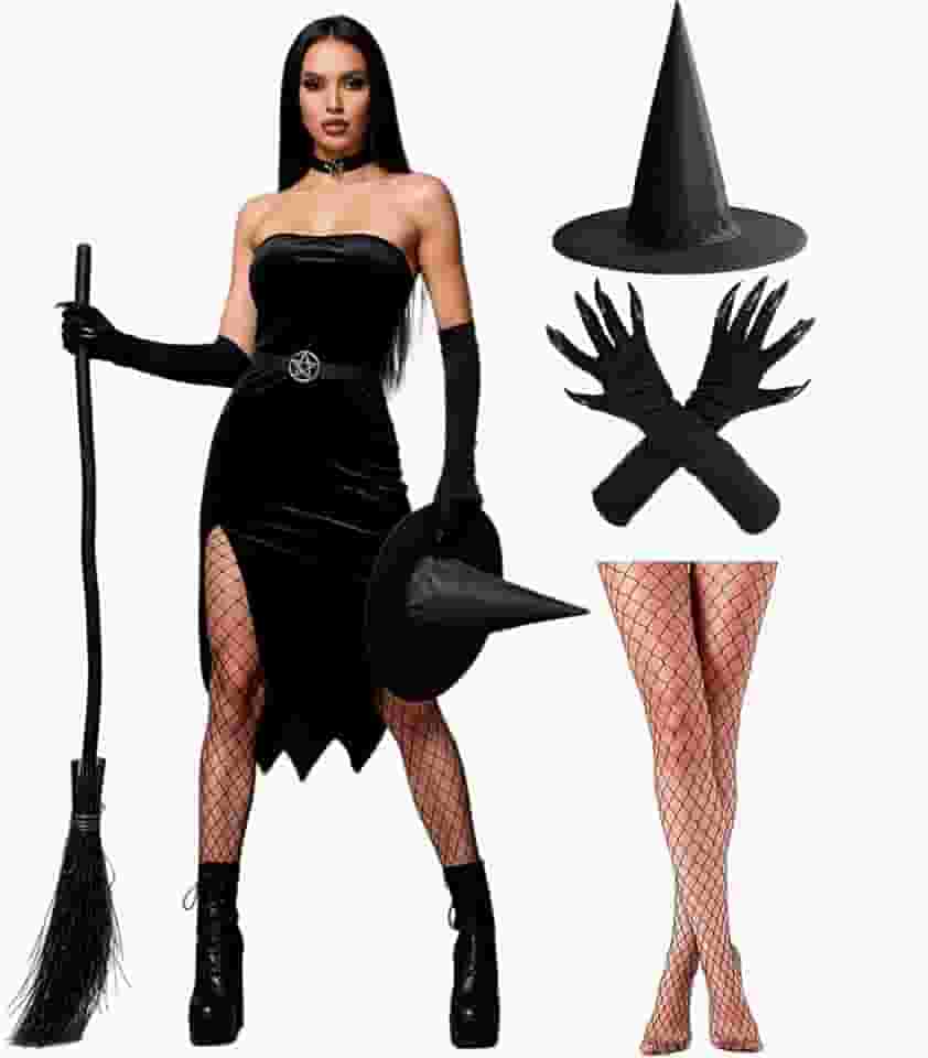 Kit Fantasia Bruxa Adulta Feminina de Halloween Barata Chapéu Preto Luva com Garra e Meia Calça Arrastão