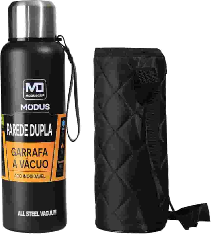 MODUS Garrafa Térmica De Aço Inoxidável Isolada A Vácuo Com Copo Portátil E Bolsa 1000ML/1500ML (Preto 1500ML)