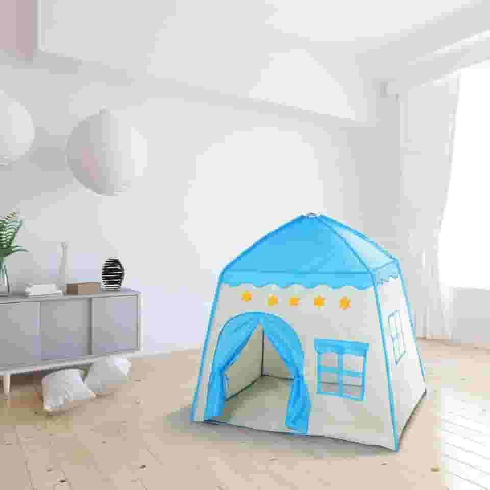 Barraca Infantil Dobrável, Tenda de Brincar Rosa e Branca, Tecido Oxford, 130x130x100cm, Fácil Montagem, Para Crianças (Estrela (Azul))