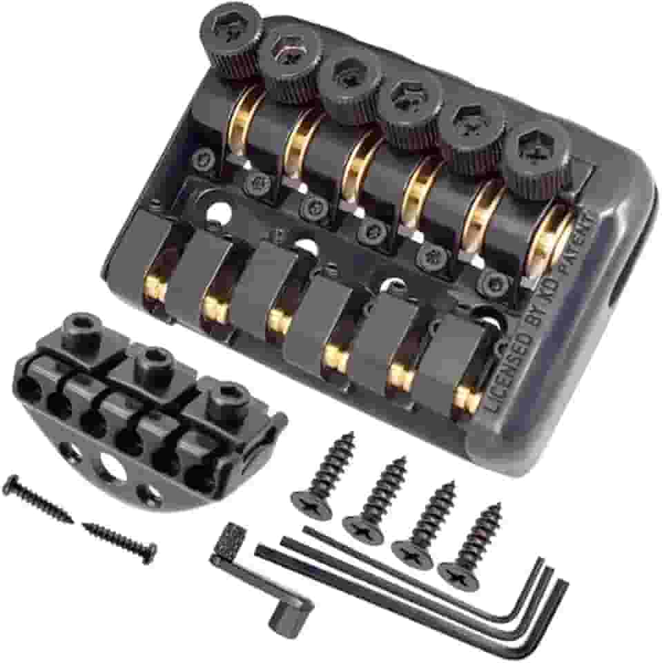 Ponte de guitarra preta fixa com 6 cordas sem cabeça, com dispositivo de corda envolvido