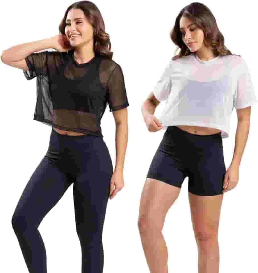Kit 2 Blusas Tule Transparente Academia Feminina Esporte Fitness Manga Curta Roupa de Academia Moda Fitness