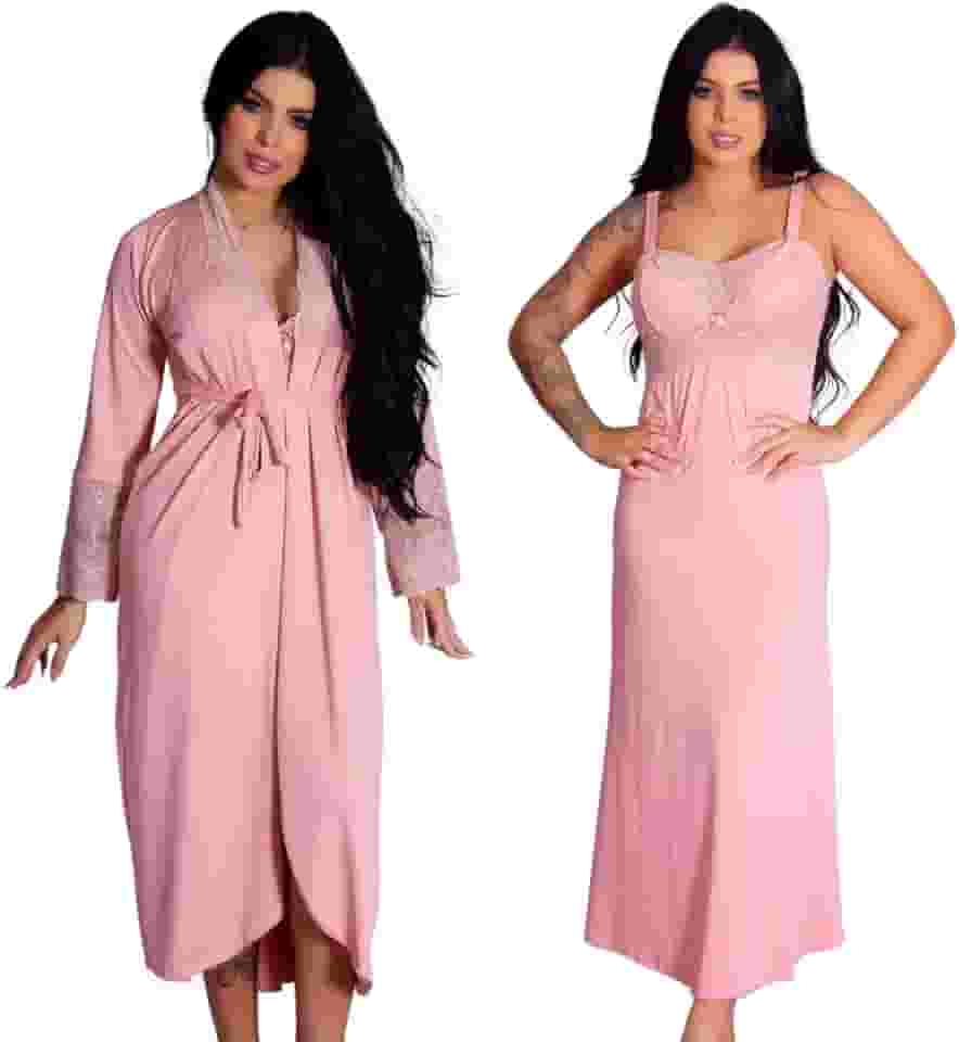 Kit Gestante Maternidade, Roupão e Camisola Longos com Recorte Lateral para Amamentação, Ideal para Enxoval