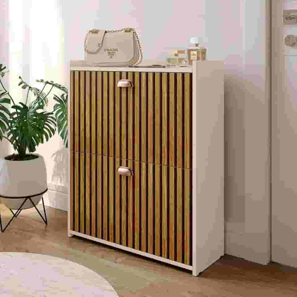 Sapateira 2 Gavetas Basculantes Organizadora Multiuso Armário Closet 12 Pares Quarto Hall De Entrada (Off White/Ripado)