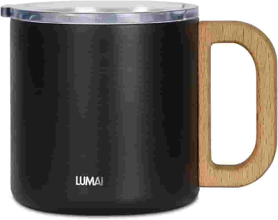 LUMAI Caneca Térmica Vietnã 350ml Aço Inoxidável, Parede Dupla Isolada a Vácuo, Mantém Bebidas Quentes ou Frias por Horas, Tampa Vedada Antivazamento, Alça de Madeira – Preto