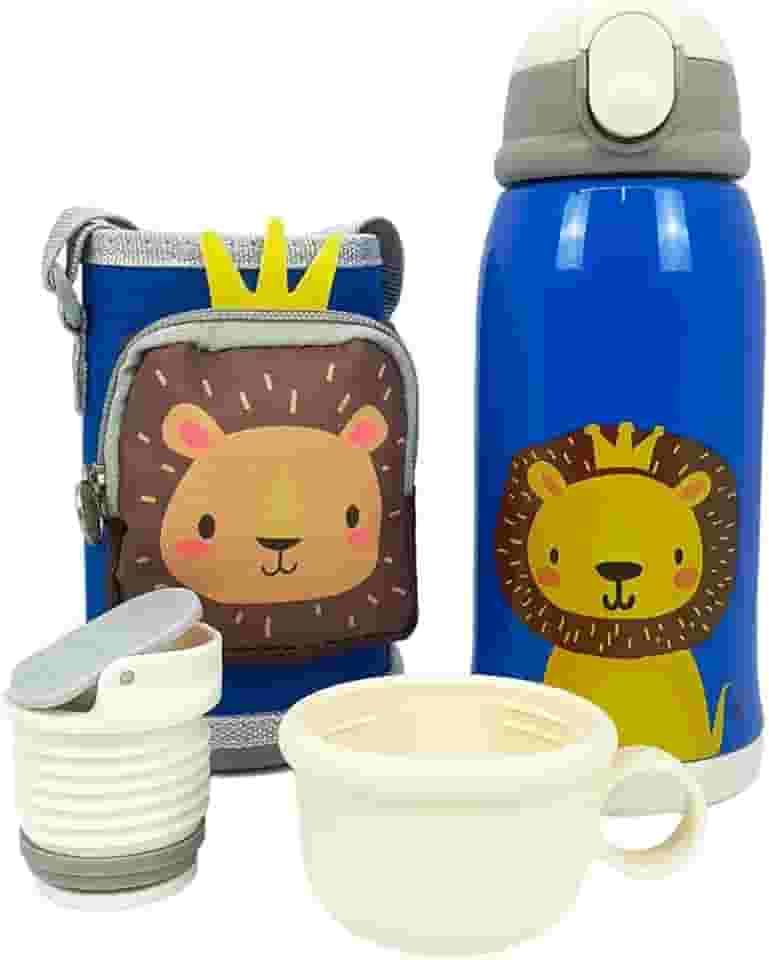 Garrafa Térmica Infantil Bebê Escola Parede Dupla Inox 550ML 2em1 +Suporte (AZUL)