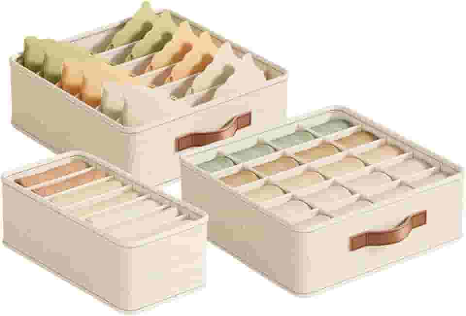 Kit Organizador de Gaveta - 6+7+20 Divisórias em Branco Natural (Algodão e Linho) - Organize Sutiãs, Roupas e Meias