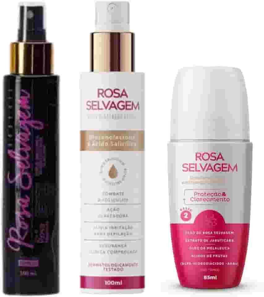Kit 3 Rosa Selvagem: Óleo, Ácido Ativado e Desodorante Antitranspirante Rollon Clareador Mancha Escura Axila Virilha Foliculite