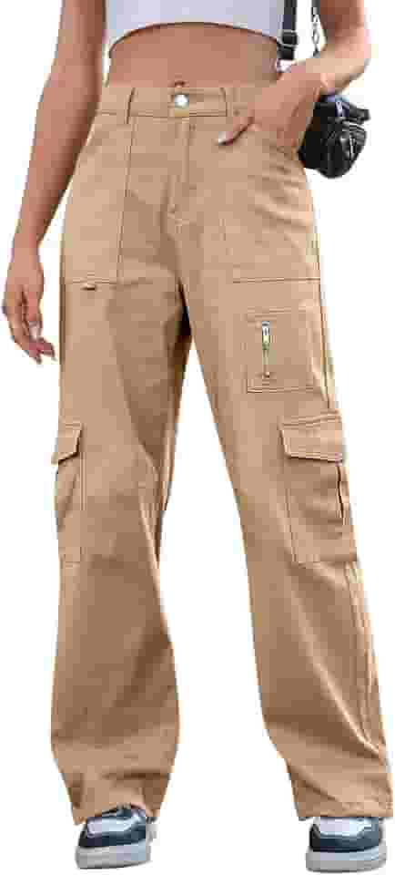 Calça cargo feminina, cintura alta, pernas largas, casual, com 7 bolsos, cordão elástico, calças largas Y2K