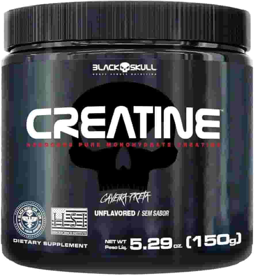 Black Skull Creatine Monohydrate - Suplementação para Treino, Performance, Ganho Muscular, Hipertrofia, Força e Resistência - Sem Sabor - Pote 150g
