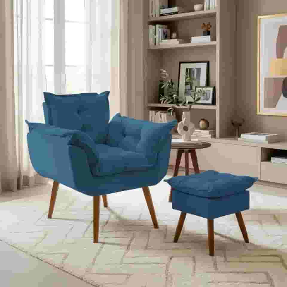 Kit Poltrona Decorativa Para Sala Amamentação Recepção Manicure com Puff Para Quarto Penteadeira Closet Quadrado Tecido Suede (Azul Marinho)