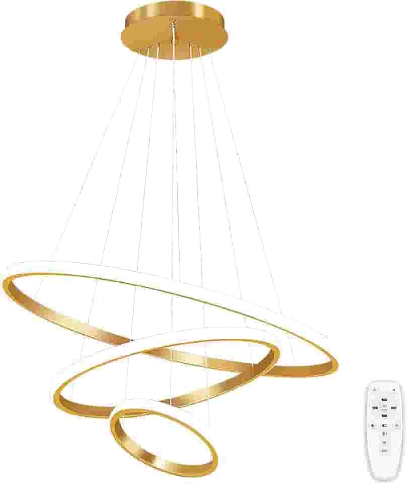 Luminária Pendente LED Moderna Dourada De 3 Anéis, Luminária De Teto Regulável Por Controle Remoto, Luminária Pendente De Embutir Redonda, 3000-6000K