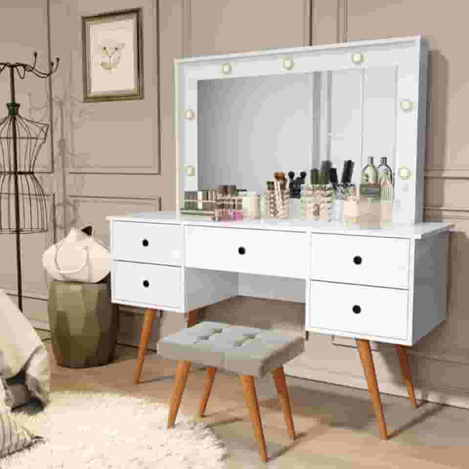 Penteadeira Camarim Com Banqueta Com Led Espelho Resistente Moderna Decorativa Madeira MDF Maquiagem (Branco)