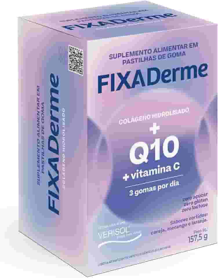 Fixaderme – Suplemento Alimentar de Colágeno Hidrolisado Verisol®, Coenzima Q10 E Vitamina C em gomas mastigáveis – Sem açúcar – Sabores sortidos de frutas – 1 Caixa com 45 gomas mastigáveis