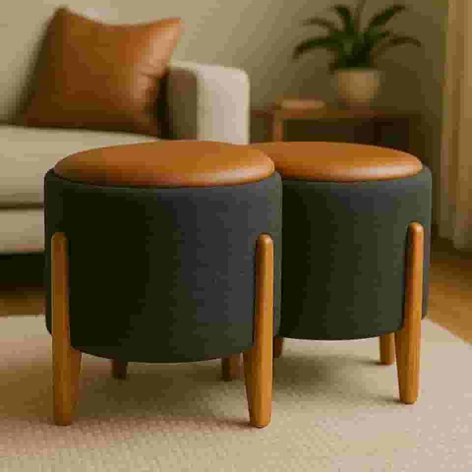 Kit 2 Puff Banquetas Redondo Banco Pufe Assento Macio em Courino Tecido Boucle Decorativo para Sala Escritório Apartamento Soft Lux com Pés em Madeira (Cinza/Caramelo)