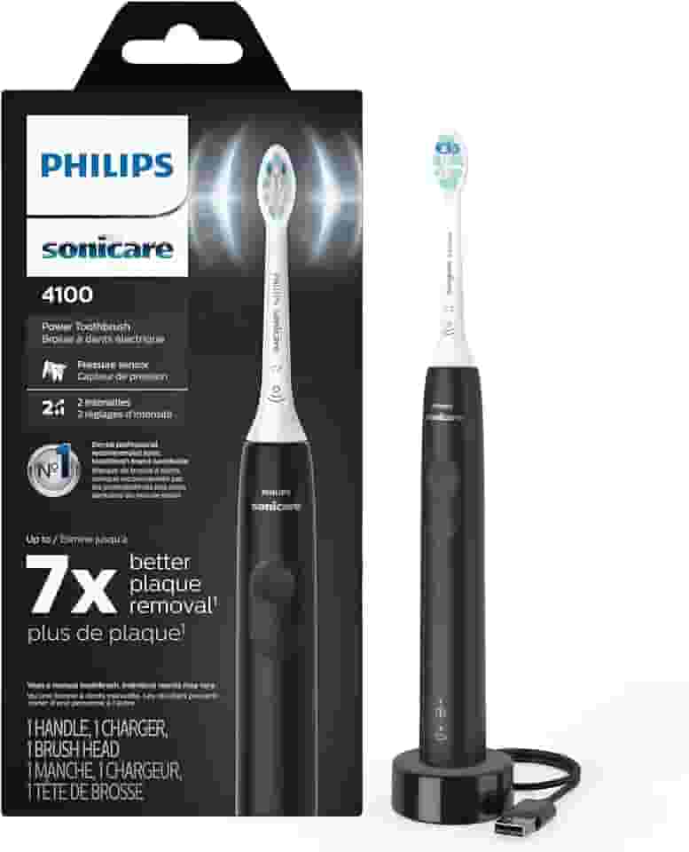 Philips Sonicare Escova de dentes elétrica recarregável 4100, com sensor de pressão, 2 configurações de intensidade, SmarTimer e QuadPacer, vida útil da bateria de 14 dias, preta, modelo HX3681/24