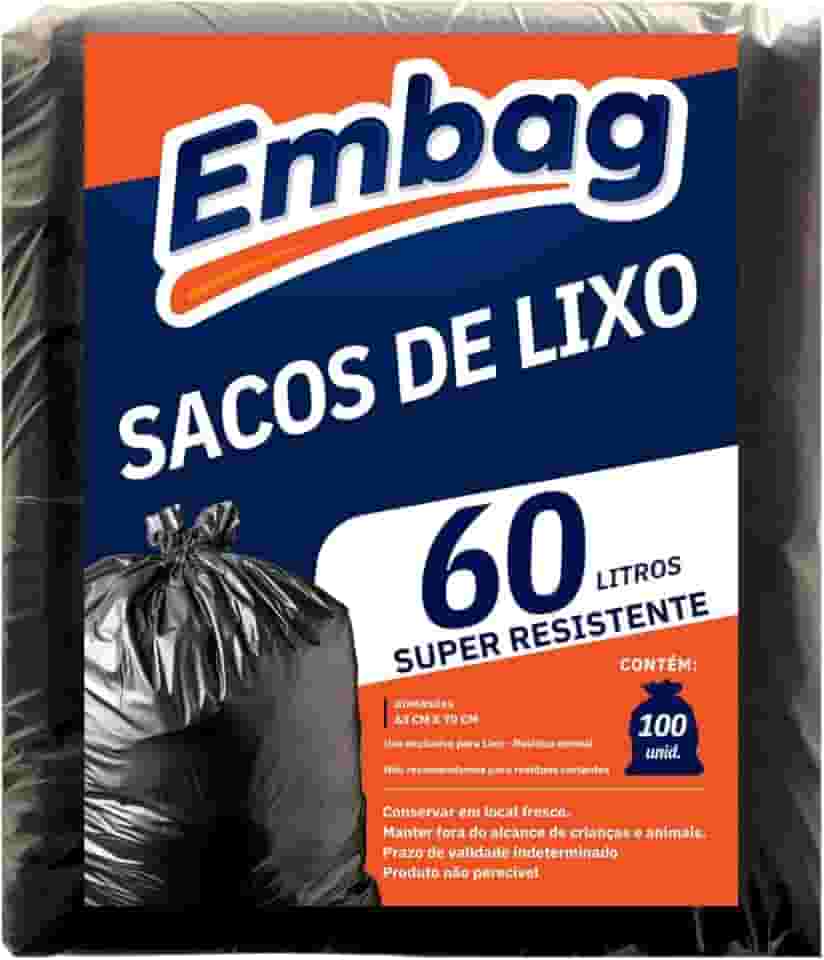 Saco de Lixo Super Resistente Pacote100 Unidades Fundo Reforçado Uso Doméstico (60 Litros 100Un)