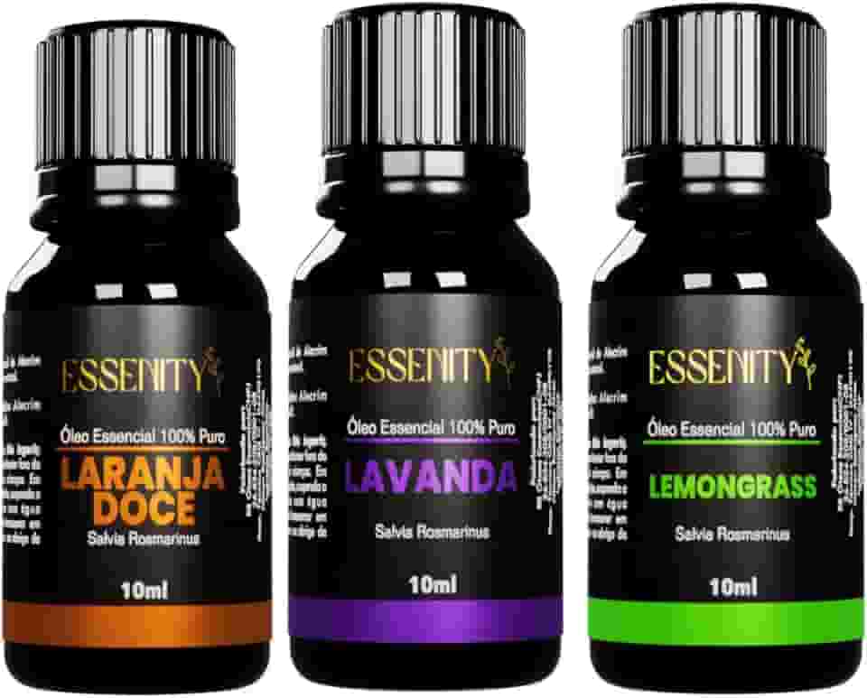Kit Energia e Vitalidade 100% Puro - 3 Óleos Essenciais Lavanda, Lemongrass, Laranja Doce - Alívio do Stress, Relaxamento Profundo, Revigoramento Mental, Essência 100% Pura para Difusor, Massagem e Aromaterapia - Sinergia Terapêutica, Vegano, Cruelty-Free - ESSENITY