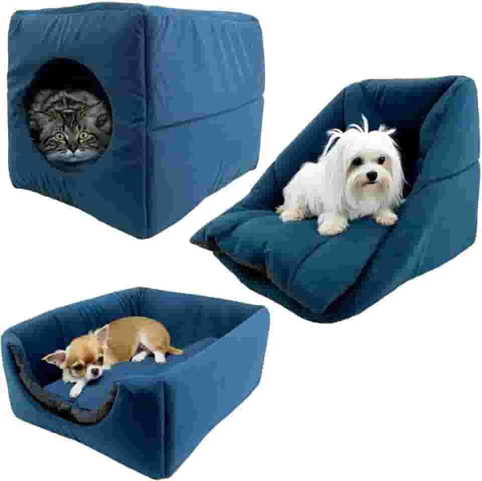 Cama Toca Iglu 3 em 1 Suede Cachorro Gato Frio Quente Pet P (Azul)