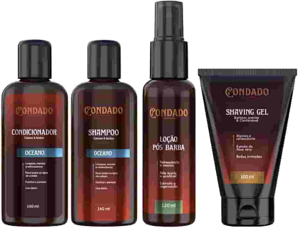 Kit Barba Masculina 4 em 1 Shampoo + Condicionador Gel de Barbear Loção Pós-Barba cuidados para barba e cabelo (Oceano (Refrescante))