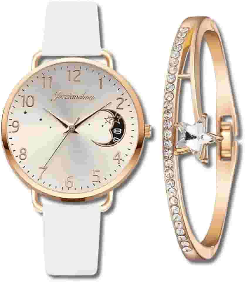 Conjunto Relógio Feminino com Pulseira Estrela "Inspiration" – Quartzo – Couro – Cristais Zircônia – Elegante e Delicado – Acompanha Caixinha