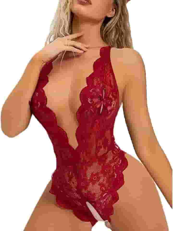 Body sensual renda Lingerie erótica feminina Decotada vermelha