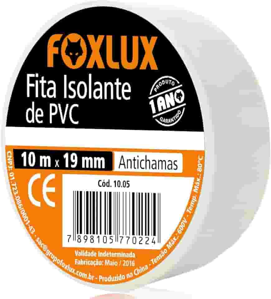 Fita Isolante Foxlux – PVC Antichamas – 10m x 19mm – Espessura: 0,15mm – Alta Elasticidade – Isola fios com tensão até 600V – Branca