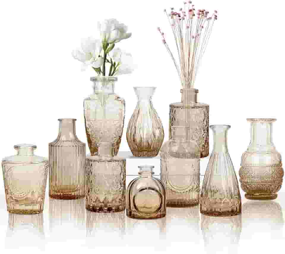 Conjunto de 10 Vasos Pequenos Decorativos de Vidro para Sala e Flores (Marrom)