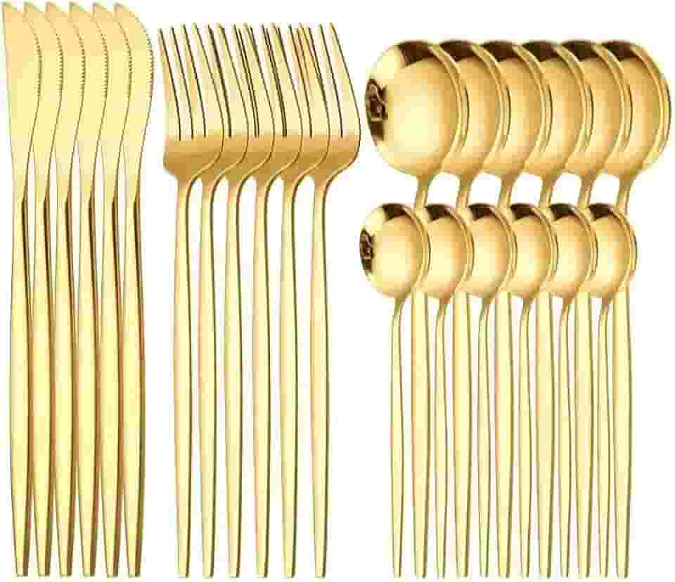 DIASO STORE Conjunto de Talheres 24 Peças Dourado Premium Jogo de Talheres Aço Inoxidável Colheres, Garfos e Facas