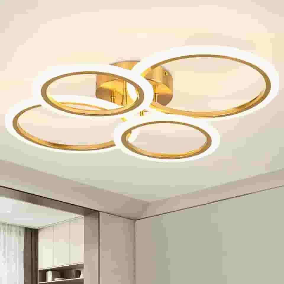 Luminária de Teto Minimalista 4 Anéis Dourada, Ajustável 3 Temperaturas de Cor, LED Dimerizável, Lustre Moderno para Cozinha, Quarto, Sala de Estar, Corredor (4 Anéis)