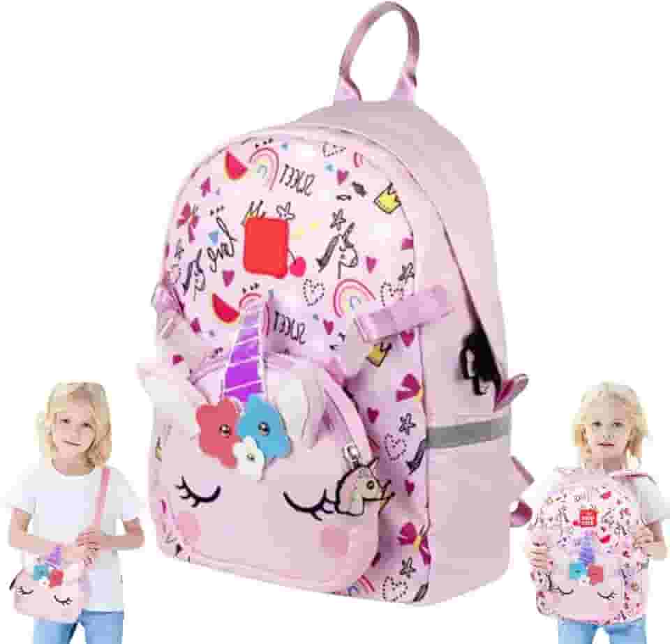 Mochila Infantil Unicórnio 2 em 1 com Bolsa Tiracolo Removível 3D Impermeável Escolar Creche Passeio Leve Espaçosa Alças Ajustáveis Multicolorida Fácil de Limpar